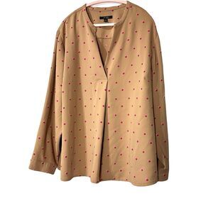 J Jill Wearever Popover Long Sleeve Shirr Size 4X Pleated Tan Polka Dot Caramel
